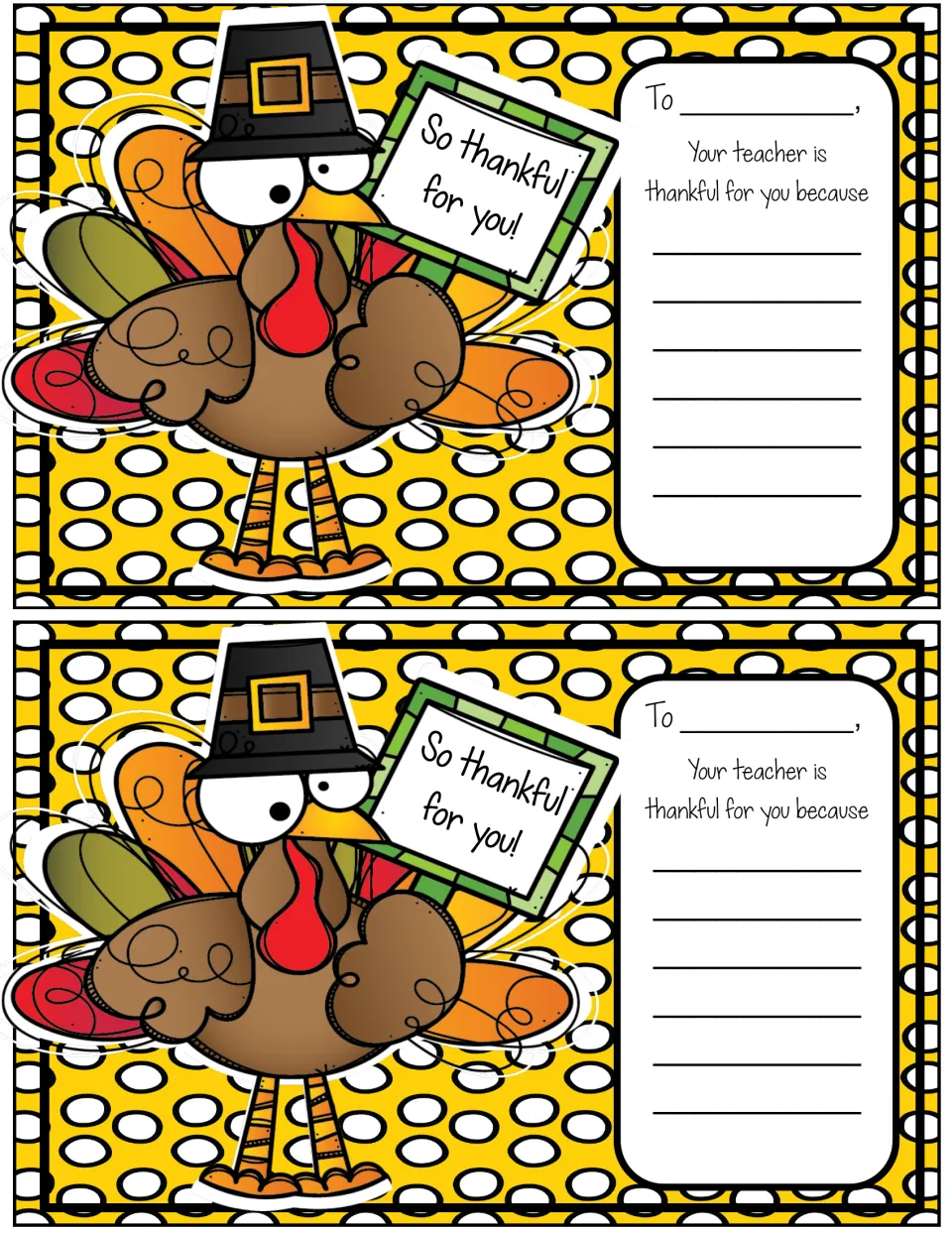 Two yellow polka-dot turkey notes addressed To ___ for writing reasons each child is appreciated by their teacher