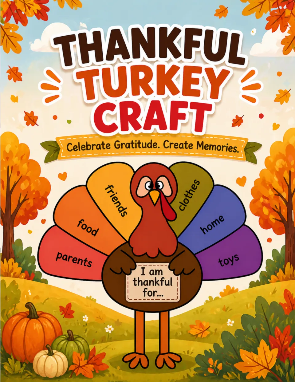 Thankful Turkey Craft cover: a turkey holding an I am thankful for sign, feathers name parents, food, friends, home, toys