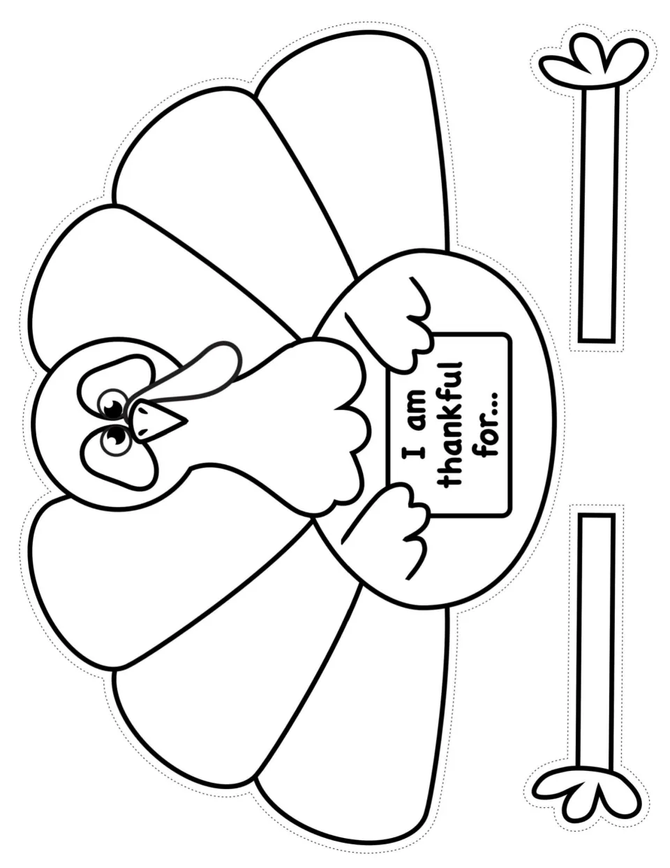 One-page turkey template: students color and cut out a fanned turkey holding an I am thankful for sign, plus two legs
