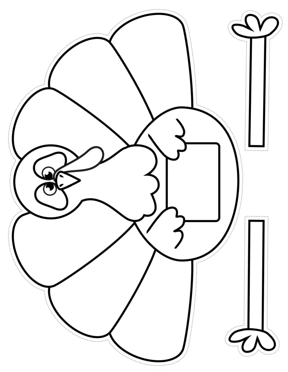 Blank-sign turkey template: students color and cut out a whole fanned turkey and two legs, then write on the sign