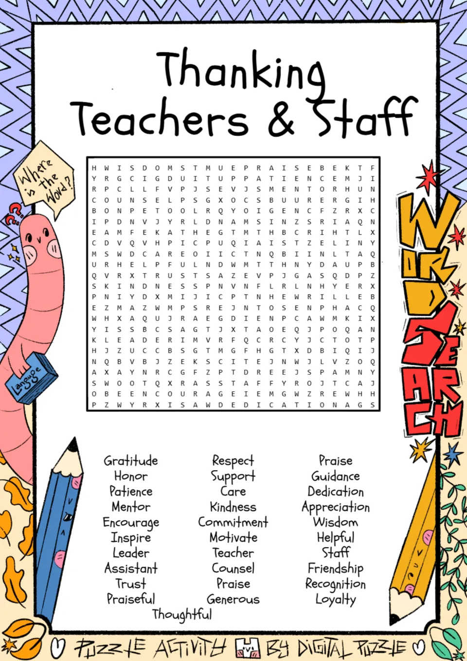 Teacher appreciation word search: students find words like gratitude, mentor, kindness and loyalty in a letter grid