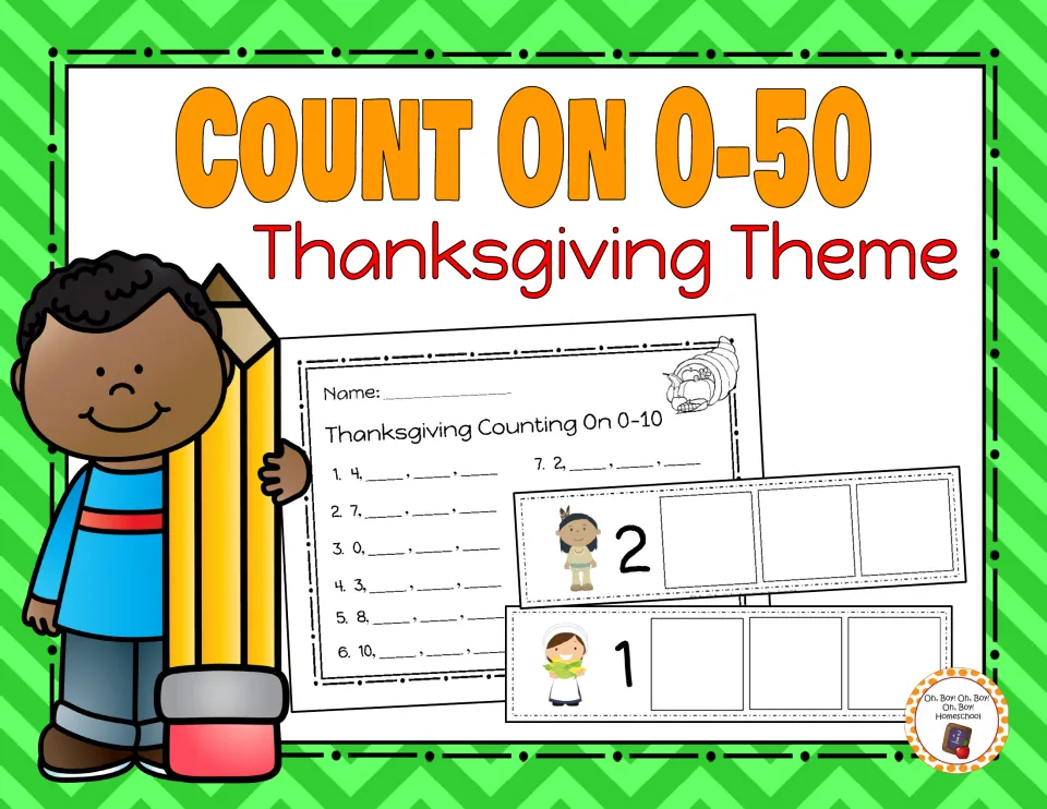 Count On 0-50 Thanksgiving Theme cover showing a 'Counting On 0-10' worksheet and two number strips with blanks