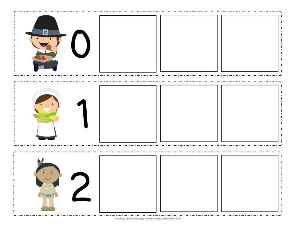 Count-on strips 0, 1 and 2: each start number has a Pilgrim or Native American child and three blanks to fill