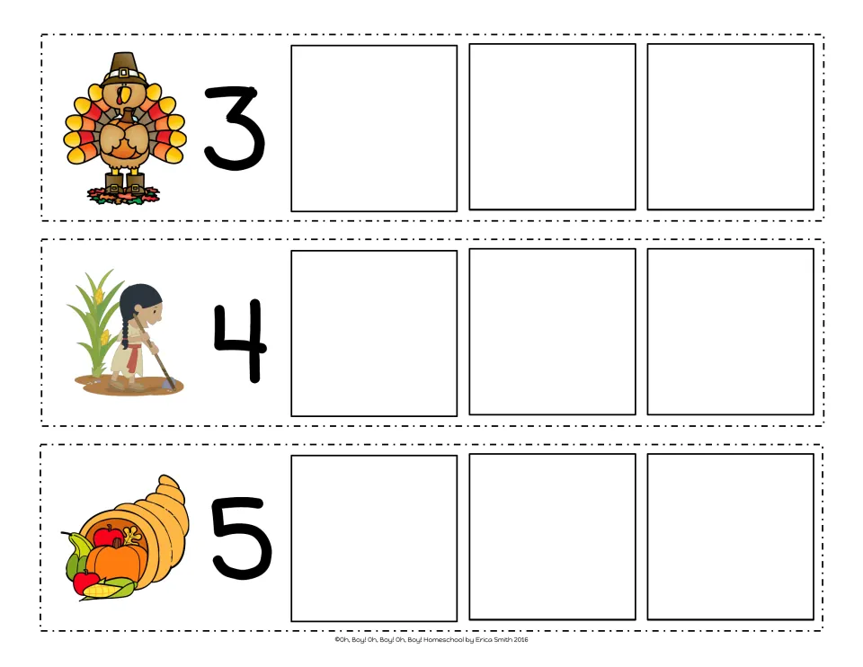 Count-on strips 3, 4 and 5 with a turkey, a girl hoeing corn and a cornucopia, three blanks after each number