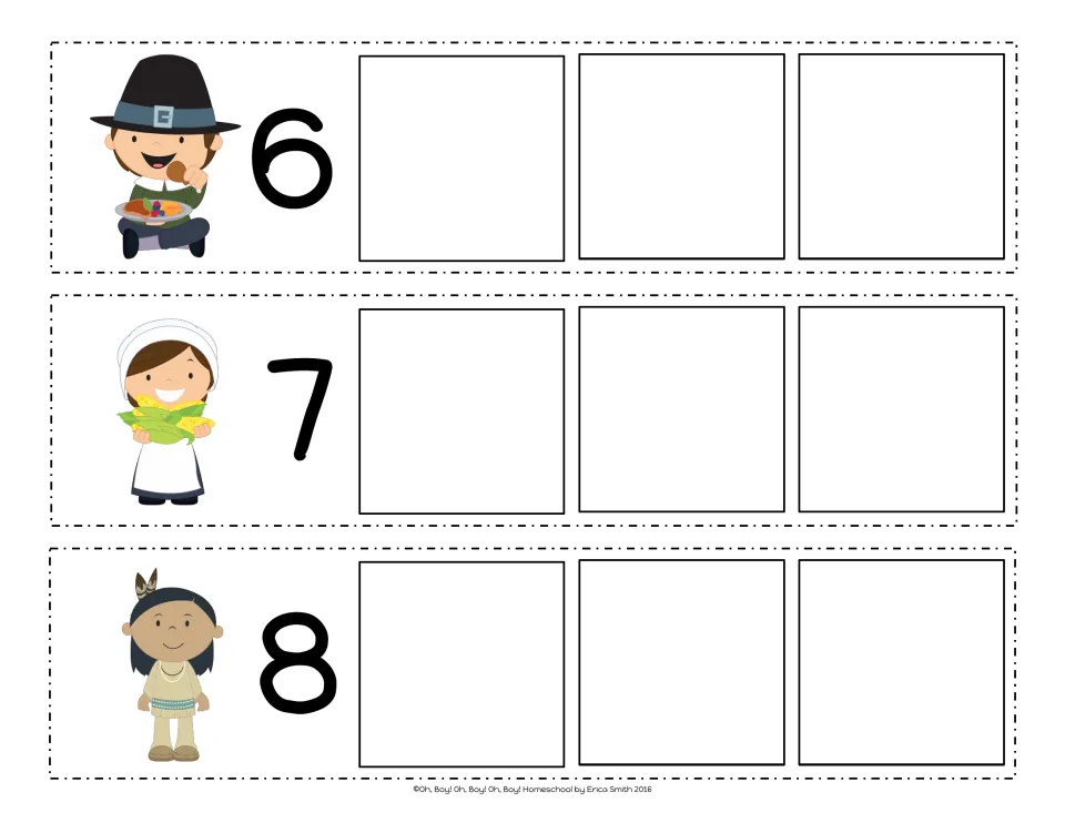 Count-on strips 6, 7 and 8, with Pilgrim and Native American children; each needs the next three numbers written