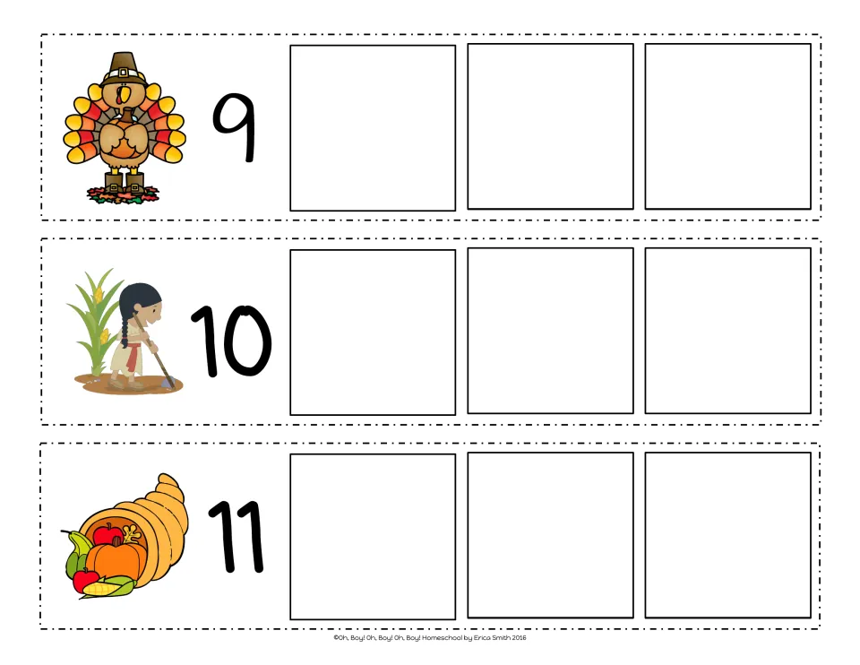 Count-on strips 9, 10 and 11 with turkey, corn-planting and cornucopia pictures; three blanks follow each number
