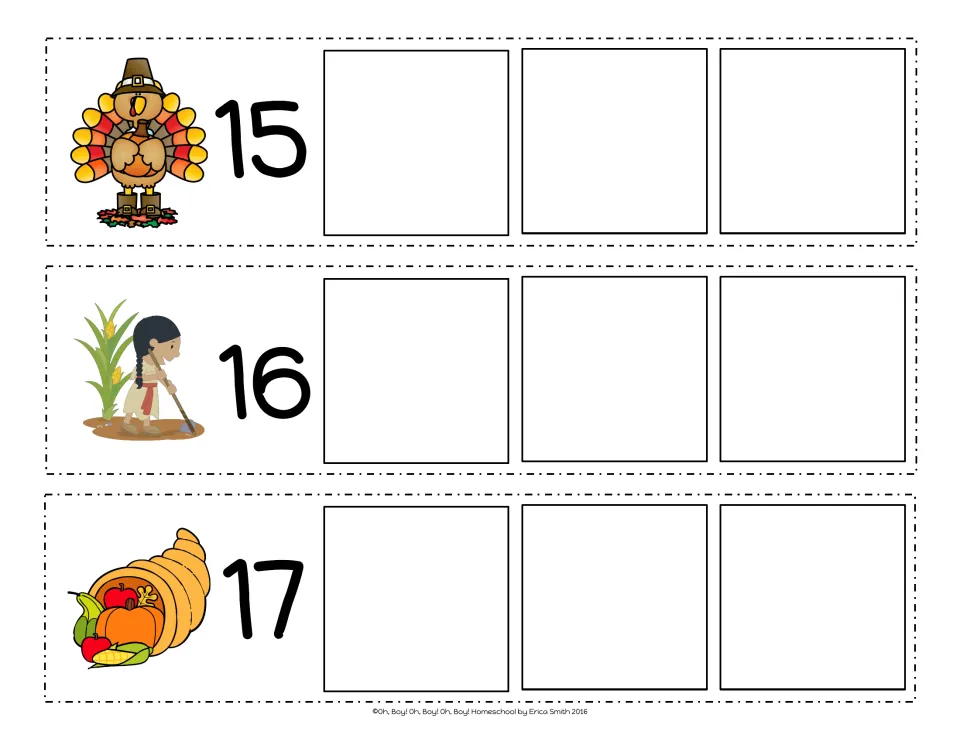 Count-on strips 15, 16 and 17 with a turkey, a girl hoeing corn and a cornucopia beside the start numbers
