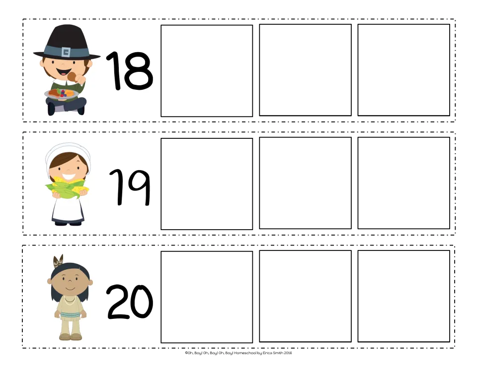 Count-on strips 18, 19 and 20, where students write the next three numbers, ending at 23 on the last strip