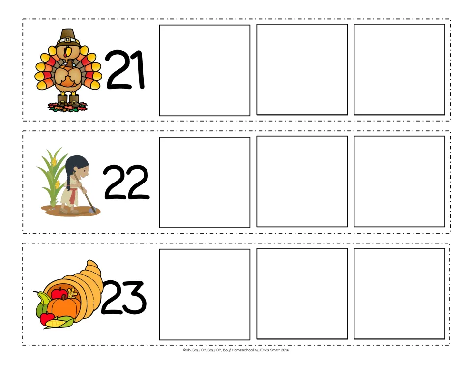 Count-on strips 21, 22 and 23 with three blanks each, pictured with a turkey, a corn planter and a cornucopia