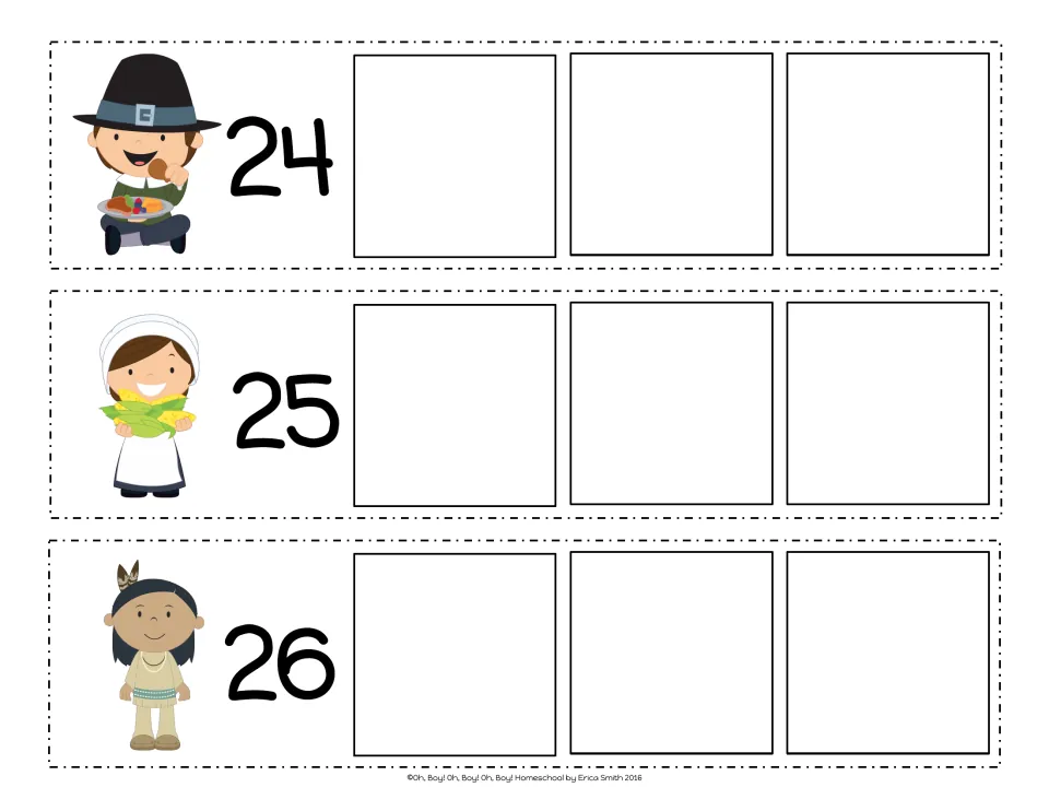 Count-on strips 24, 25 and 26, each with a Pilgrim or Native American child and three blanks for the next numbers