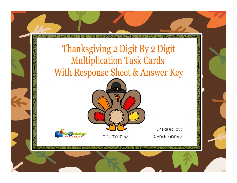 Cover: Thanksgiving 2-digit by 2-digit multiplication task cards with response sheet and answer key, with a pilgrim turkey