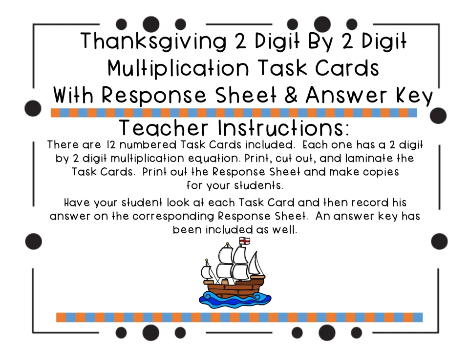 Teacher instructions: print, cut out and laminate 12 numbered task cards; students record answers on the response sheet