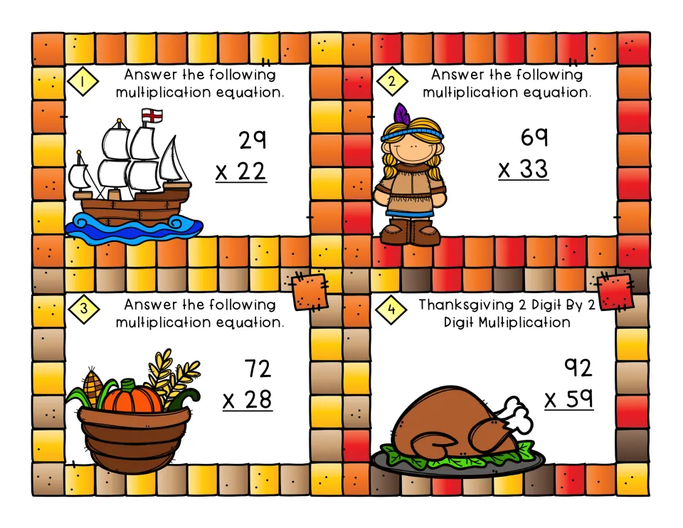 Task cards 1-4: students multiply two-digit numbers, 29 x 22, 69 x 33, 72 x 28 and 92 x 59, with Thanksgiving clip art