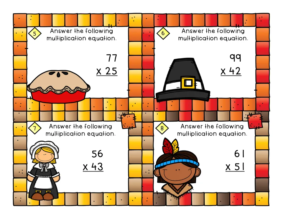 Task cards 5-8: students find the products of 77 x 25, 99 x 42, 56 x 43 and 61 x 51, shown with pie and pilgrim clip art
