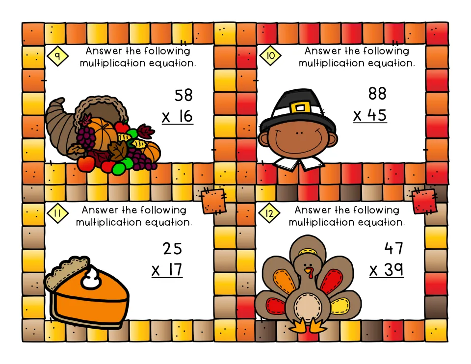 Task cards 9-12: multi-digit multiplication of 58 x 16, 88 x 45, 25 x 17 and 47 x 39, shown with cornucopia and turkey art
