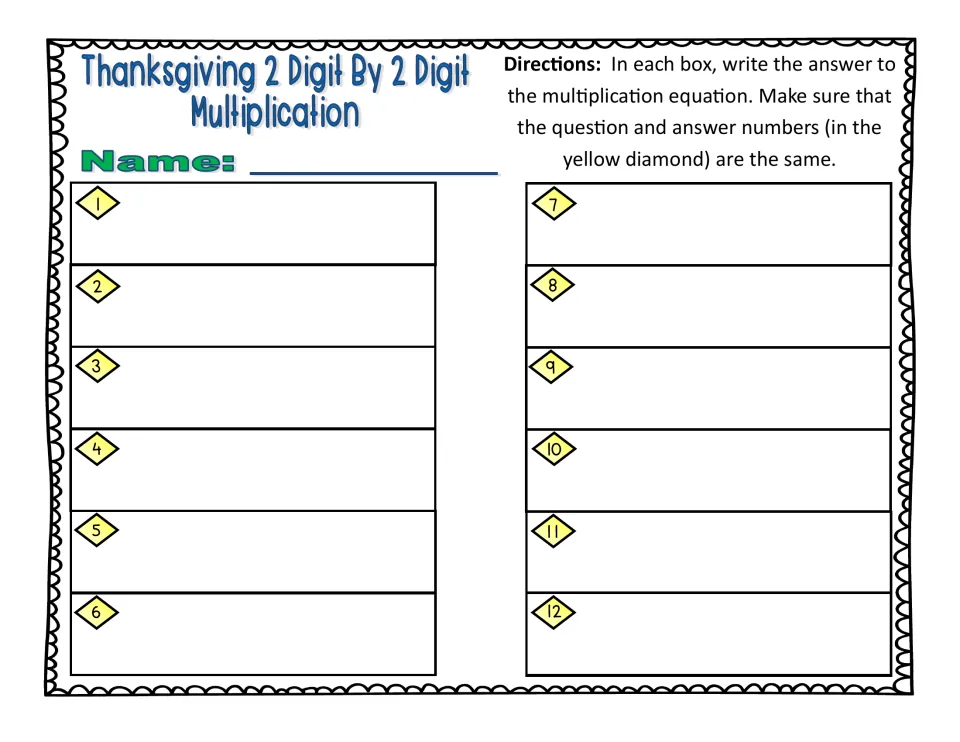 Multiplication response sheet: students write their name and each product in spaces numbered 1 to 12 to match task cards