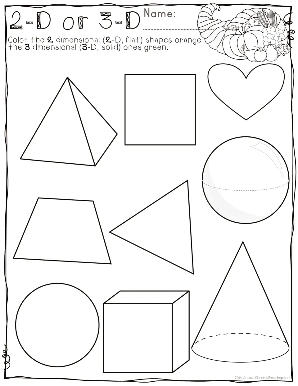 2-D or 3-D page: color flat shapes orange and solid ones green; 9 shapes include a heart, cube, sphere and cone