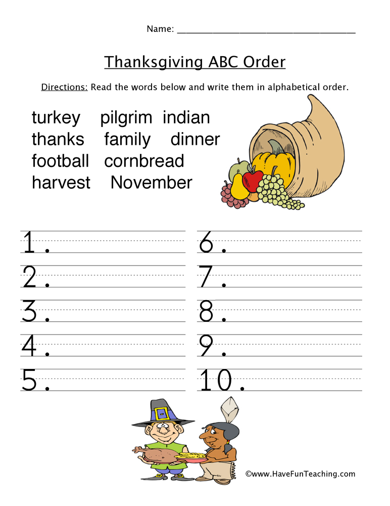 thanksgiving abc order worksheet by teach simple