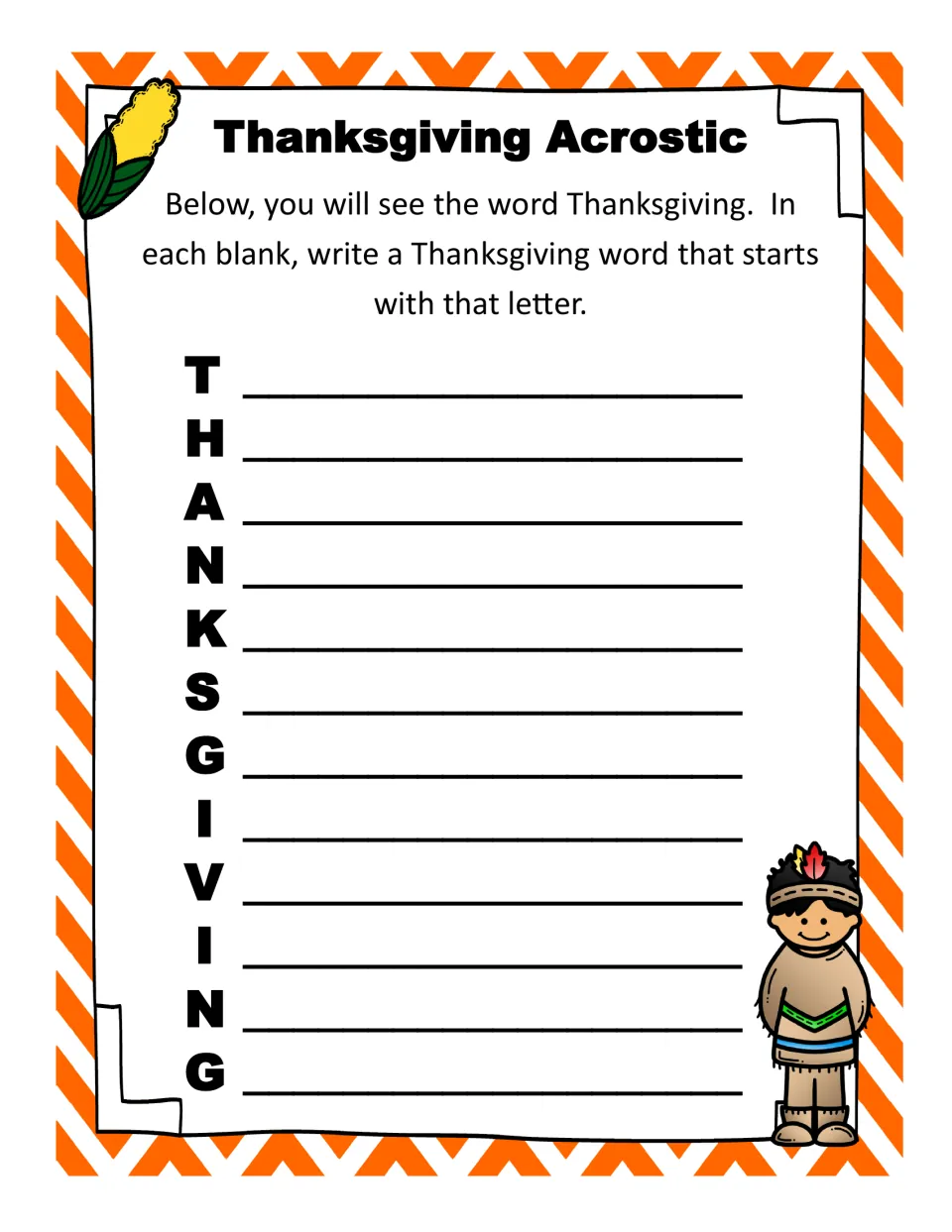 Thanksgiving acrostic activity asking students to write a holiday word for each letter in THANKSGIVING
