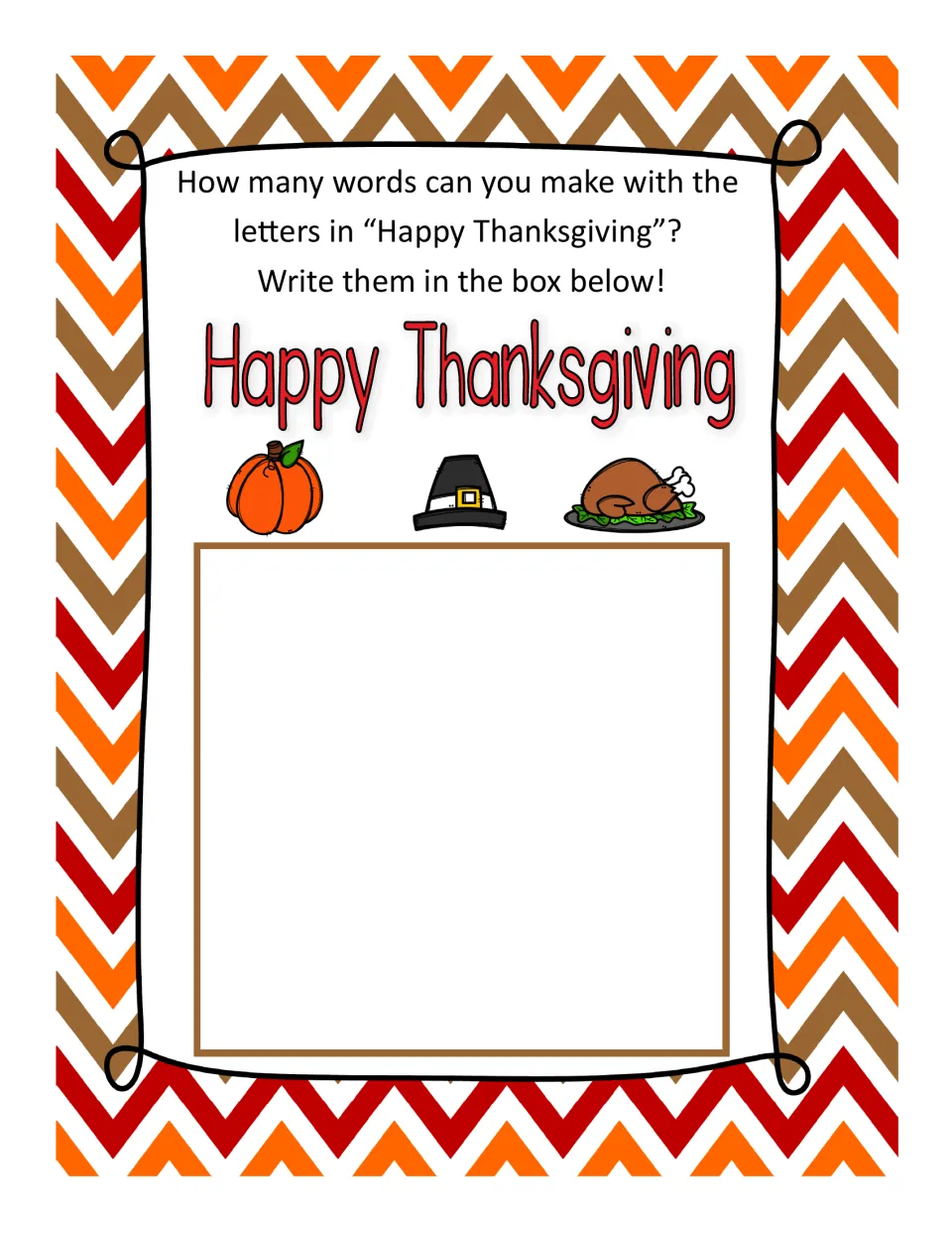 Making words activity: write as many words as possible using the letters in “Happy Thanksgiving.”