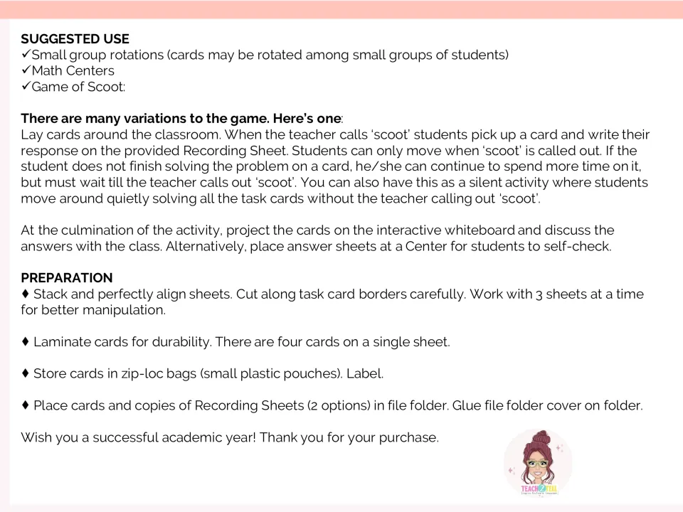 Directions for addition Scoot, small-group rotations, and math centers, plus card preparation and storage.