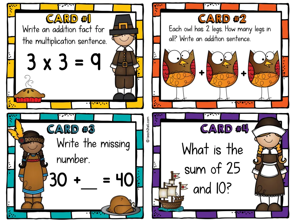 Addition cards 1–4: rewrite 3 × 3 = 9 as addition, count owl legs, solve 30 + __ = 40, and add 25 + 10.
