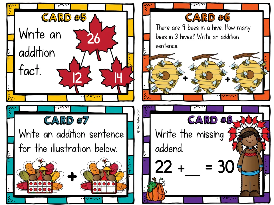 Addition cards 5–8: use 12, 14, and 26, add bees in three hives, read turkey ten-frames, and find an addend.