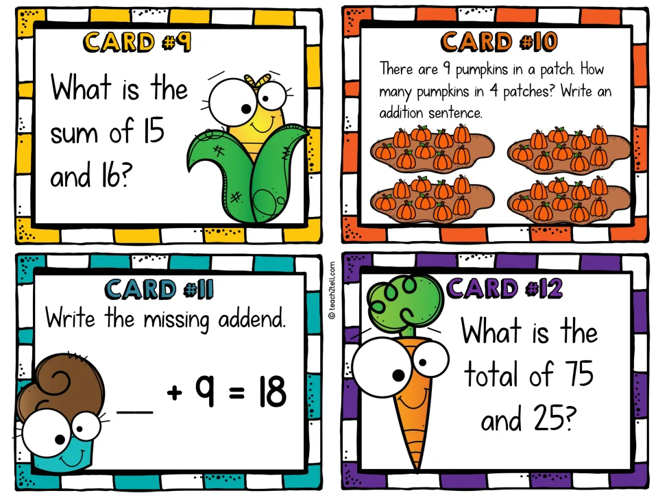 Addition cards 9–12: add 15 + 16, total nine pumpkins in each of four patches, solve __ + 9 = 18, and add 75 + 25.