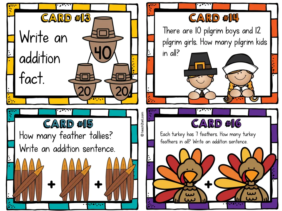 Addition cards 13–16: combine 20 and 20, add 10 boys and 12 girls, count feather tallies, and total turkey feathers.