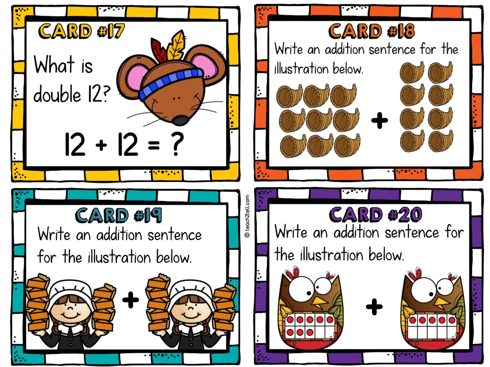 Addition cards 17–20: double 12 and write addition sentences for cornucopias, held food items, and owl ten-frames.