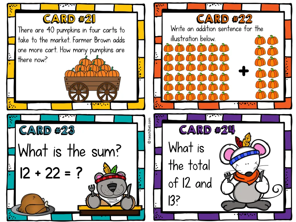 Addition cards 21–24: solve a pumpkin-cart problem, add pictured pumpkins, calculate 12 + 22, and total 12 and 13.