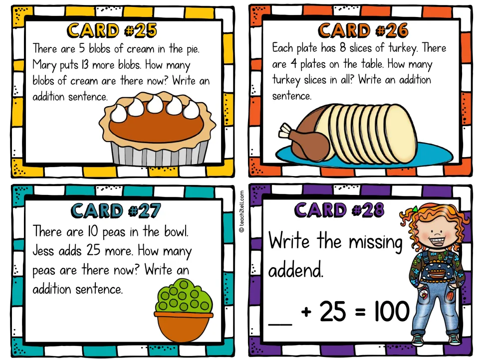 Addition cards 25–28: add 5 + 13 cream blobs, total four plates of eight turkey slices, add peas, and find an addend.