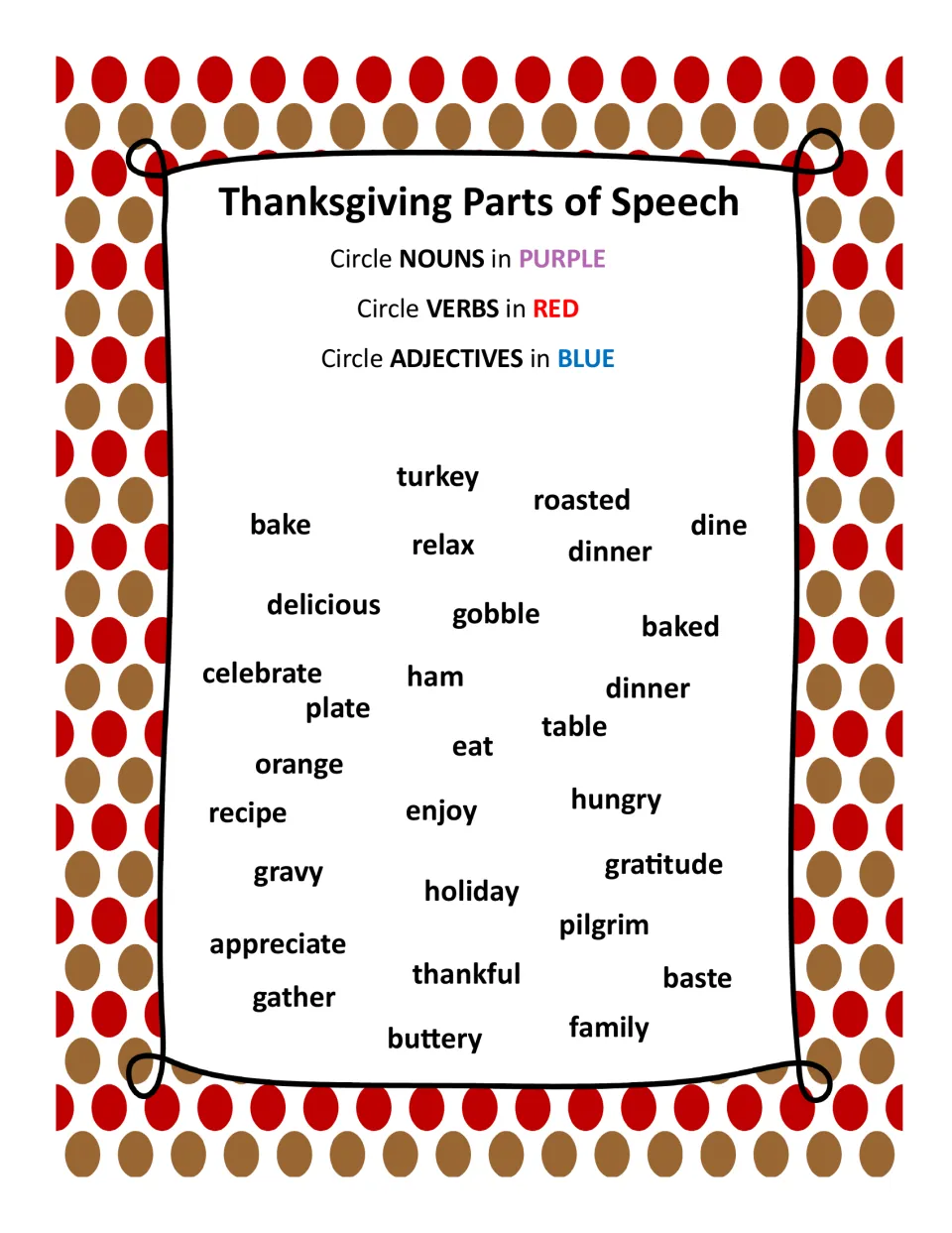 Thanksgiving parts of speech: students circle nouns in purple, verbs in red and adjectives in blue in a holiday word bank
