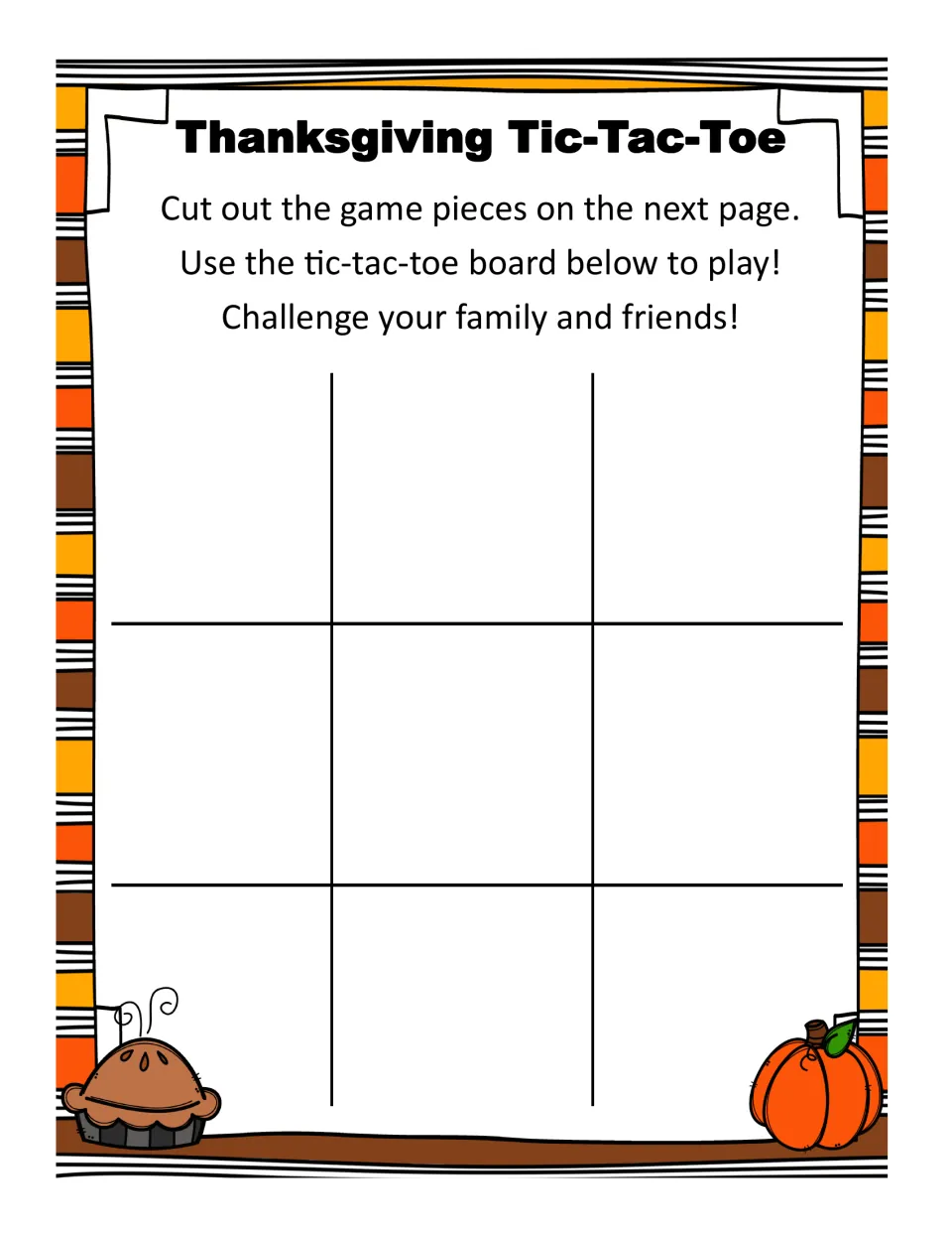 Thanksgiving tic-tac-toe board with directions to cut out the next page's pieces and play with family or friends