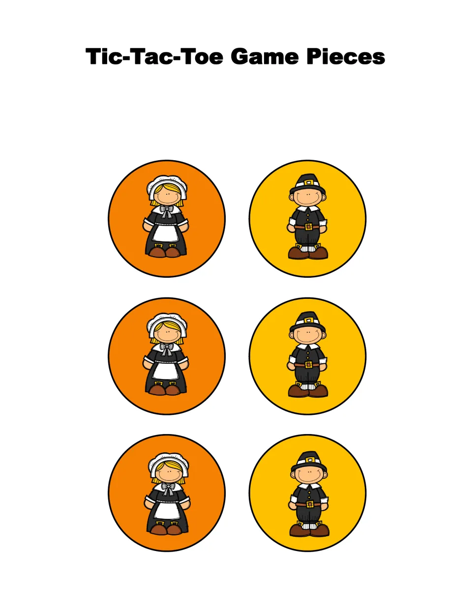 Six cutout tic-tac-toe game pieces: three Pilgrim girls on orange circles and three Pilgrim boys on yellow circles