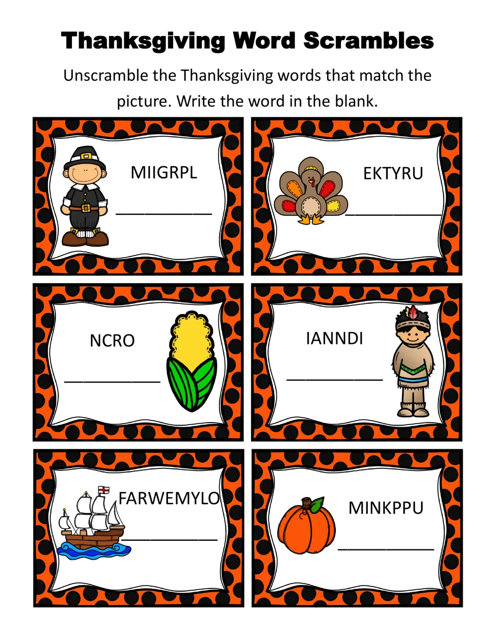 Thanksgiving word scrambles: students unscramble six picture-matched words such as MIIGRPL and EKTYRU, then write them