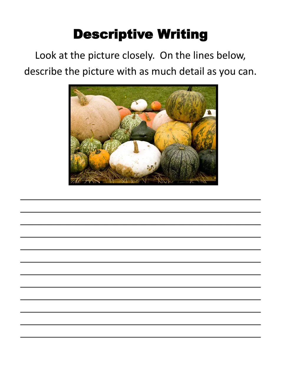 Descriptive Writing prompt: describe a photo of pumpkins and gourds with as much detail as you can
