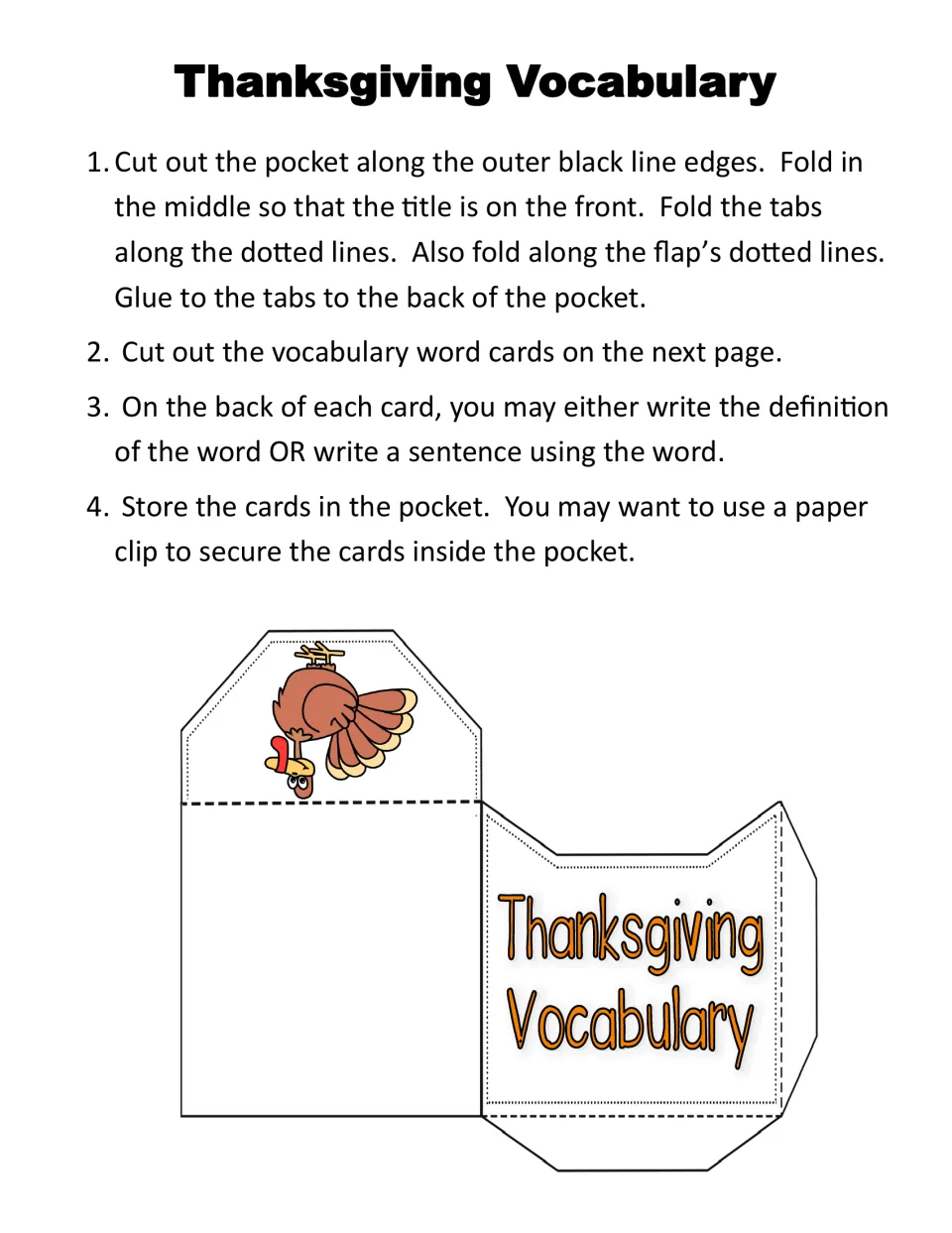 Thanksgiving Vocabulary directions: cut, fold and glue a pocket, then store the word cards inside
