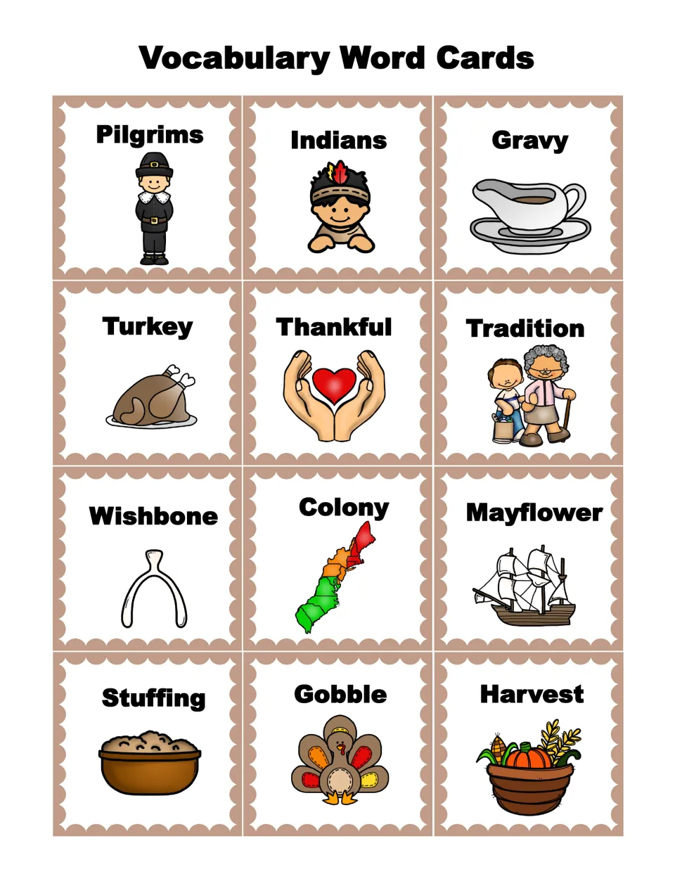 Vocabulary word cards: Pilgrims, Indians, Gravy, Turkey, Mayflower, Harvest and 6 more, with pictures