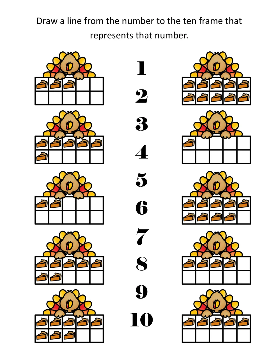 Ten frame matching: draw lines from the numbers 1–10 to ten frames filled with pumpkin pie slices