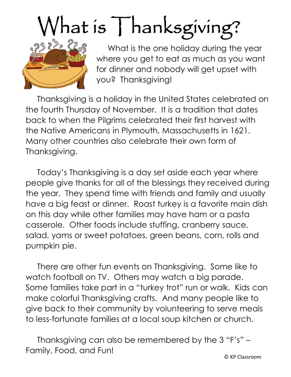 Reading passage 'What is Thanksgiving?' introduces the holiday's history, foods, traditions, and gratitude.
