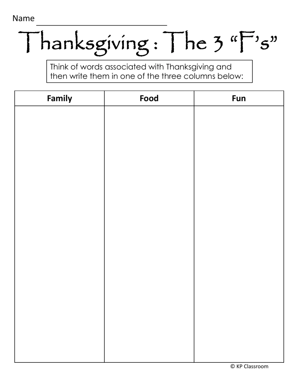 Thanksgiving word-sorting activity asks students to think of related words for Family, Food, and Fun.