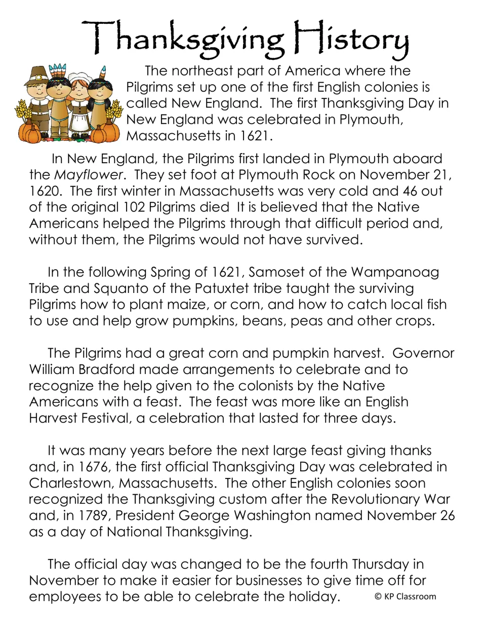 Thanksgiving History passage covers Plymouth, the Pilgrims, Native American help, and harvest celebrations.