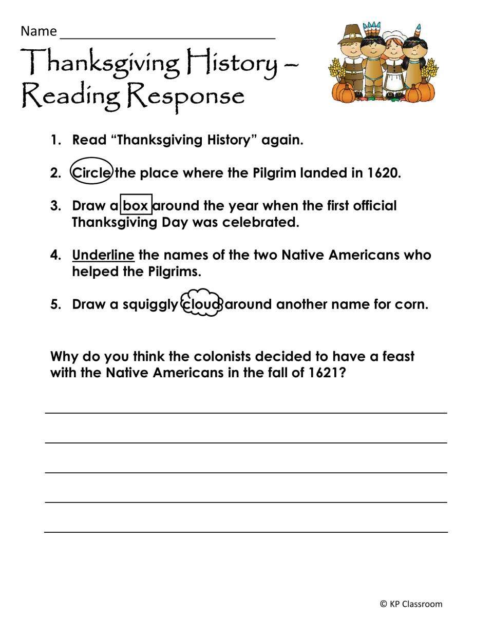 Thanksgiving History response directs students to mark passage details and explain the colonists' feast.