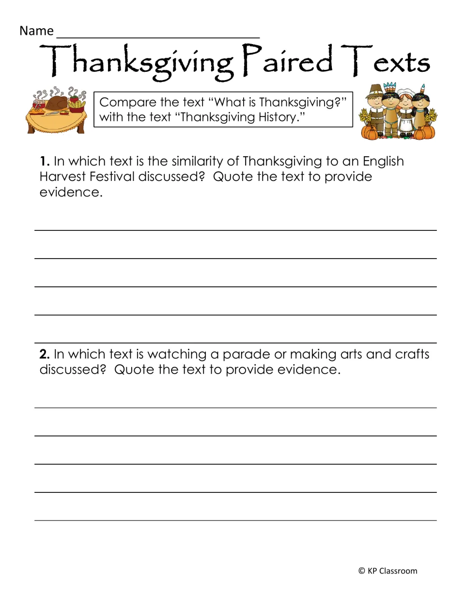 Thanksgiving paired-text questions ask students to identify and quote passages on harvest festivals and fun.