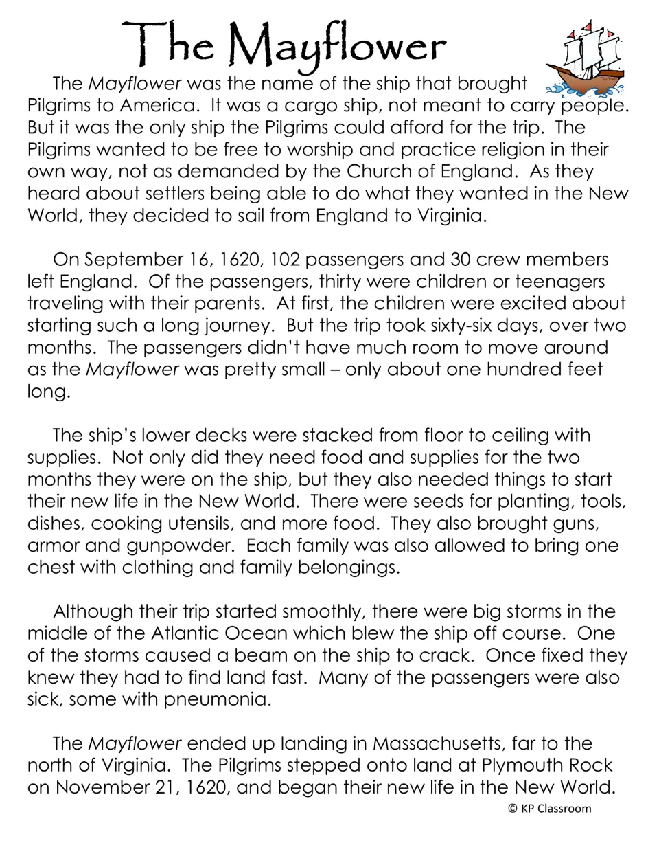 The Mayflower reading passage describes the ship's passengers, supplies, storms, and journey to Massachusetts.