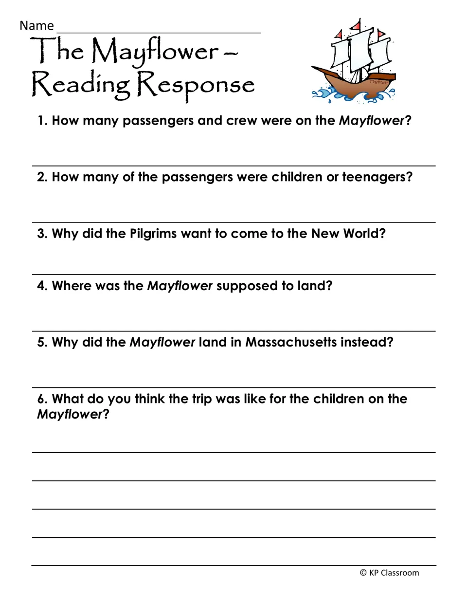 Mayflower reading response asks six questions about passengers, reasons for sailing, destination, and children.