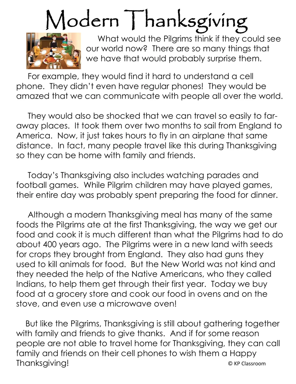 Modern Thanksgiving passage compares communication, travel, food preparation, and gatherings across time.