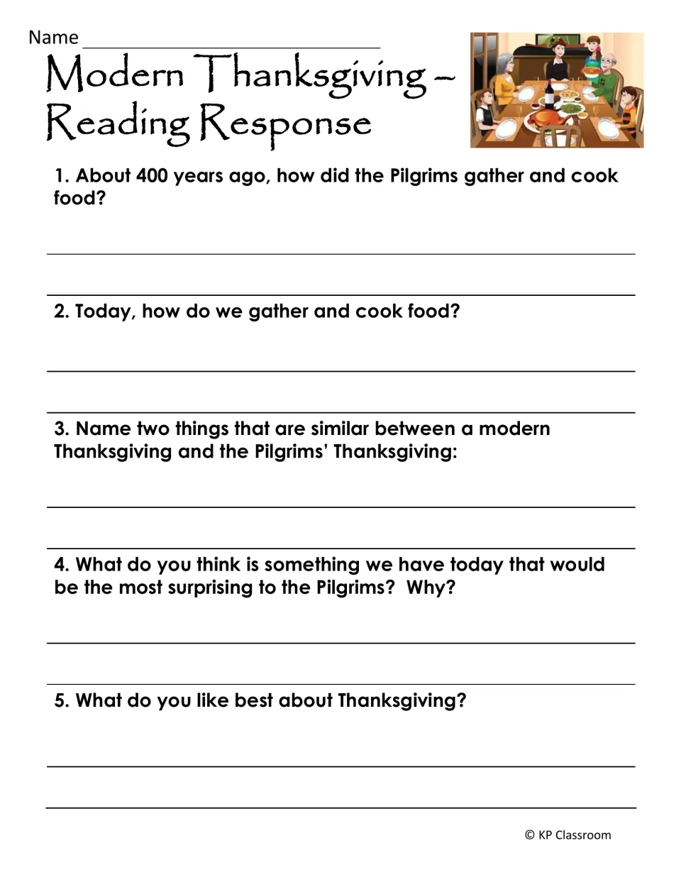 Modern Thanksgiving response asks five questions comparing food, traditions, technology, and personal favorites.