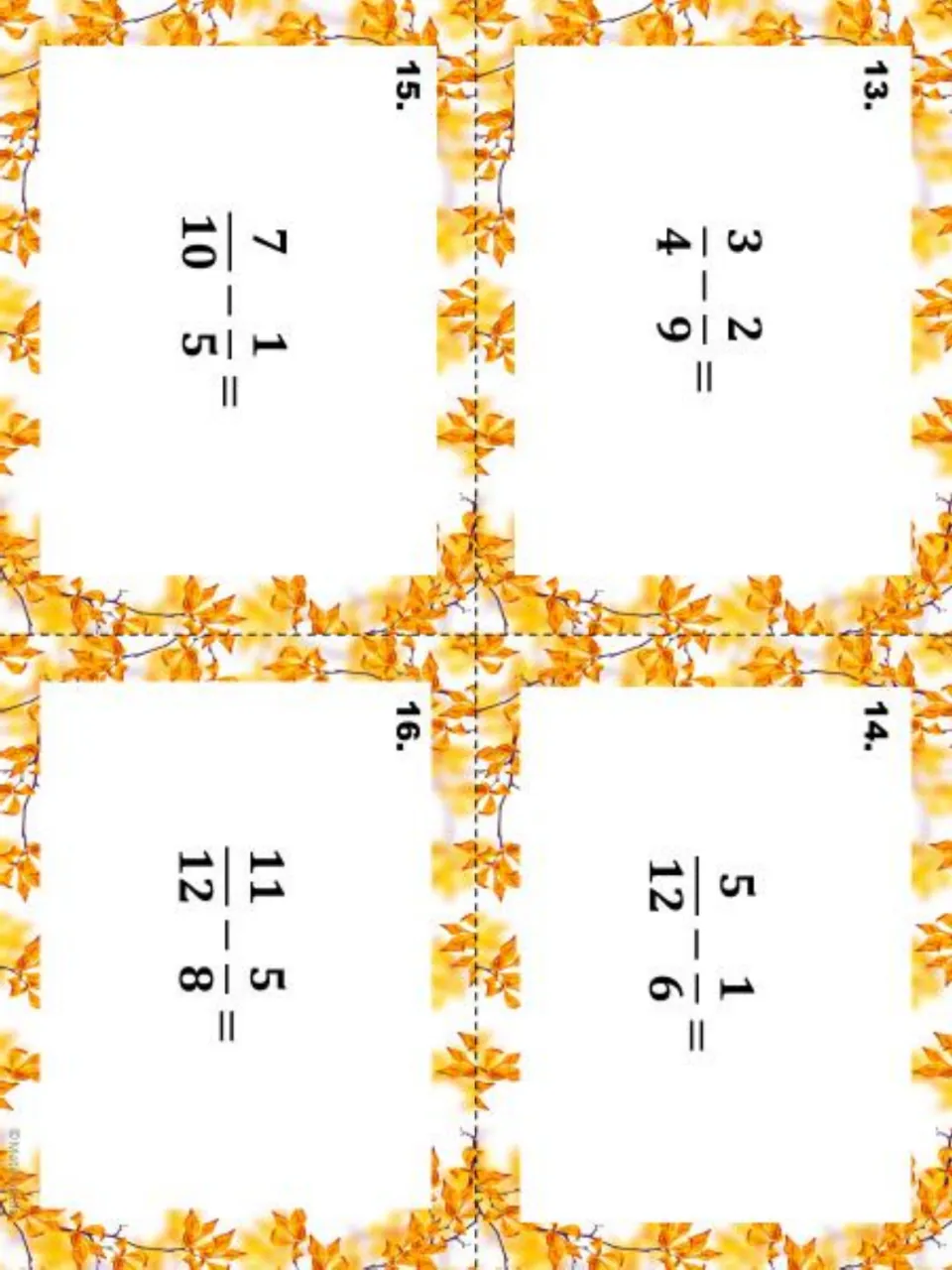 Fraction subtraction task cards 13–16: 3/4 − 2/9, 5/12 − 1/6, 7/10 − 1/5, and 11/12 − 5/8